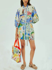 Einzigartiges Minikleid mit Leinendruck und Schnürung