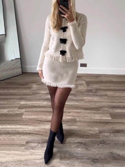 Bow-Decorated Long-Sleeved Knitted Jacket And Skirt Set