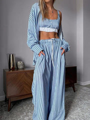 Striped Printed Vest Cardigan Pants Pajamas Three-piece Set