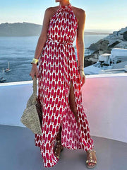 Sexy And Printed Halter Neck Beach Slit Midi Dress