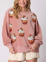 Sudadera con lentejuelas y diseño de pastel navideño