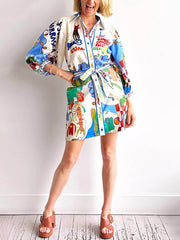 Einzigartiges Minikleid mit Leinendruck und Schnürung