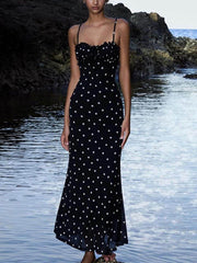 Elegantes INS French Slim Rückenfreies Maxikleid mit gepunkteten Hosenträgern