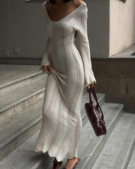 Hollow Solid Color Knitted Holiday Long Dress