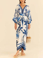 Unique Chic Palm Tree Ethnic Print Fake Two Piece Lace Up Maxi Dress