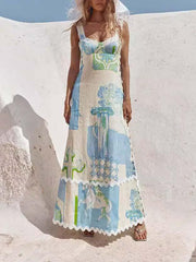 Einzigartiges Maxikleid mit bemaltem Print und offener Rückseite und Schleife