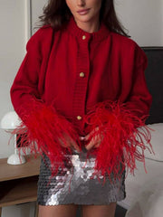 Cárdigan corto informal con plumas y empalme