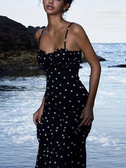 Elegantes INS French Slim Rückenfreies Maxikleid mit gepunkteten Hosenträgern