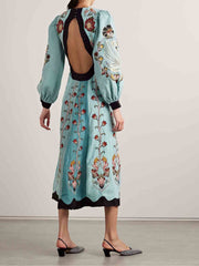 Einzigartiges langärmliges Midikleid mit Blumenmuster und Kontrast