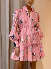 Vestido mini de una sola botonadura con mangas abullonadas y estampado artístico único