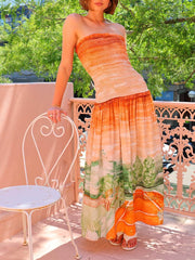 Elegantes, fließendes, plissiertes Maxikleid mit Wickelärmeln und Print in A-Linie