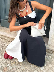 Vestido largo fruncido con espalda descubierta y color en contraste sencillo