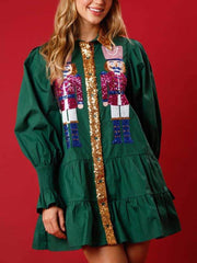 Christmas Lapel Contrast Long Sleeve Sequined Mini Dress
