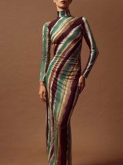 Enges Maxikleid im Vintage-Batik-Stil mit unregelmäßigem Streifenmuster