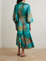 Zartes einreihiges Midikleid aus Satin mit Blumendruck