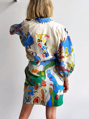 Einzigartiges Minikleid mit Leinendruck und Schnürung