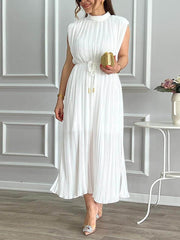 Elegant Pleated Half-High Collar Tie Midi Dress