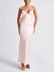 Elegante vestido largo de satén con lazo sexy y espalda descubierta