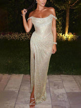 Exquisite Passion Party Sequined Off-The-Shoulder Pleated Slit Maxi Dress