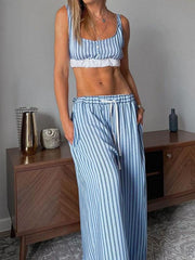 Striped Printed Vest Cardigan Pants Pajamas Three-piece Set
