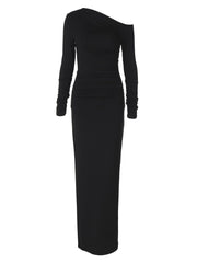 Vestido largo de manga larga con hombros descubiertos y color liso