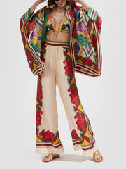 Exquisite Floral Print Elastic Waist Wide-leg Pants