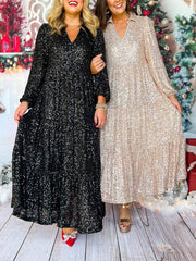 Sequin Christmas Elegant Long Sleeve V-Neck Midi Dress