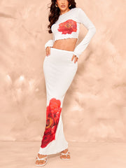 Casual Floral Print High Waist Fitted Skirt Two Piece Set