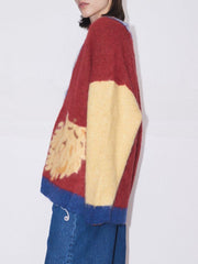 Exquisite Strickjacke mit Kontrastfarben und Cartoon-Muster