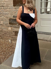 Vestido largo fruncido con espalda descubierta y color en contraste sencillo