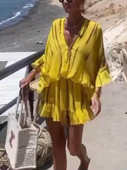 Einzigartiges Kaftan-Minikleid mit Batikmuster, Fledermausärmeln und elastischer Taille