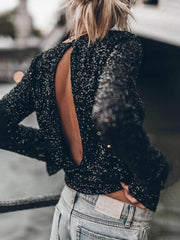 Camisa informal de manga larga con abertura y lentejuelas