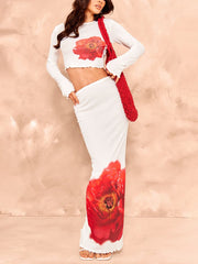 Casual Floral Print High Waist Fitted Skirt Two Piece Set