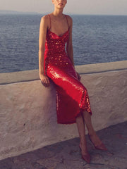 Elegant Sequined Fiery Red Midi Dress