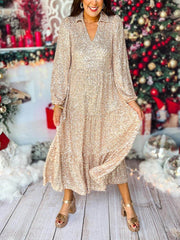 Sequin Christmas Elegant Long Sleeve V-Neck Midi Dress