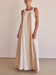 Elegantes, zweifarbiges Maxikleid in A-Linie mit verstellbaren Trägern und weitem Schnitt
