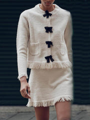 Bow-Decorated Long-Sleeved Knitted Jacket And Skirt Set