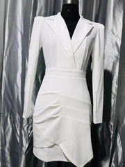 Classic Irregular Pleated Slim-Fit Suit Collar Mini Dress (Without Belt)
