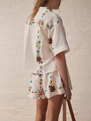 Exquisite Floral Print Shirt And Shorts Two-piece Set