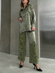 Unique Leopard Print Long-sleeved Top and Loose Elastic Waist Tie Pants Set