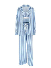 Striped Printed Vest Cardigan Pants Pajamas Three-piece Set