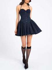 Pinstripe Halter Neck Low Waist Mini Dress