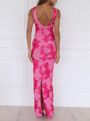 Elegante y exquisito vestido largo con estampado floral que se ajusta a la cadera