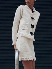 Bow-Decorated Long-Sleeved Knitted Jacket And Skirt Set