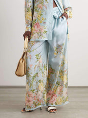 Fine Satin Positioned Floral Print Wide Leg Pants