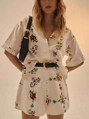 Exquisite Floral Print Shirt And Shorts Two-piece Set