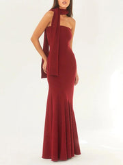 Strapless One Shoulder Fishtail Maxi Dress