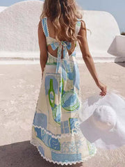 Einzigartiges Maxikleid mit bemaltem Print und offener Rückseite und Schleife