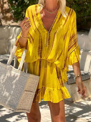 Einzigartiges Kaftan-Minikleid mit Batikmuster, Fledermausärmeln und elastischer Taille