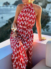Sexy And Printed Halter Neck Beach Slit Midi Dress